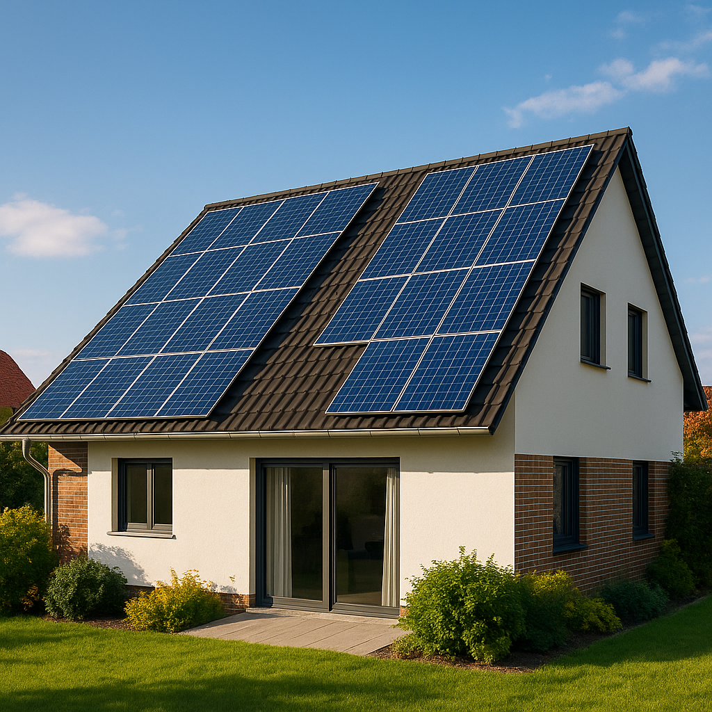 Modernes Einfamilienhaus mit Photovoltaik-Dach bei Sonnenuntergang