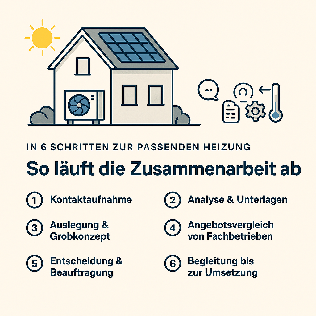 Illustration des Ablaufs von der Anfrage bis zur fertigen Wärmepumpen-Anlage